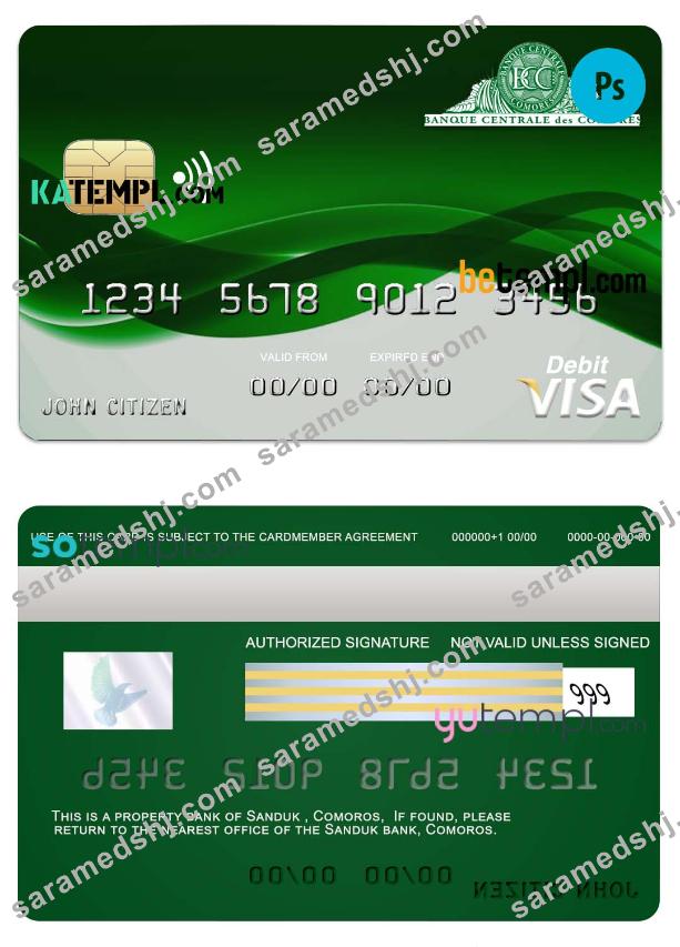 Comoros Sanduk bank visa credit card template in PSD format, fully editable